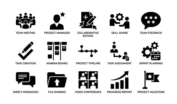 Project management icons: team collaboration, task planning, progress reporting