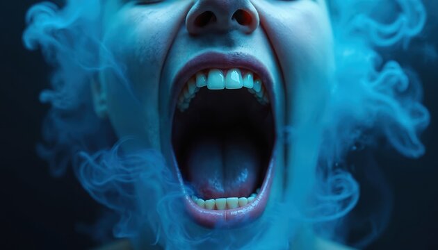 Close up of a mouth screaming, exhaling blue smoke. Intense expression of fear, pain or anger with teeth bared and open throat in dramatic light.