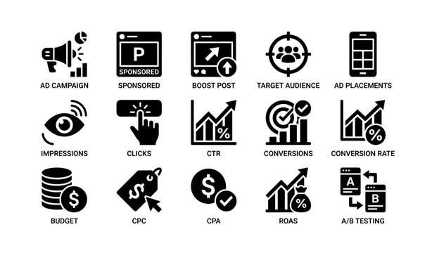 Digital marketing icons: ad campaign, target audience, conversions, cpc, roas