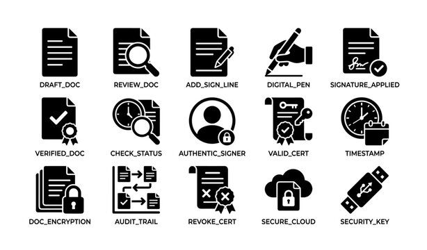 Document verification and digital security icons set