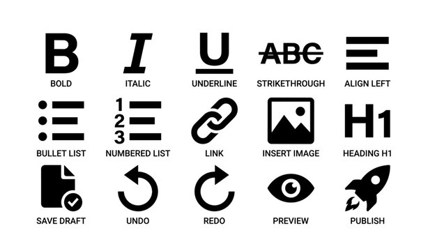 Text formatting icons: bold, italic, underline, strikethrough, align, lists, link, image, heading, save, undo, redo, preview, publish