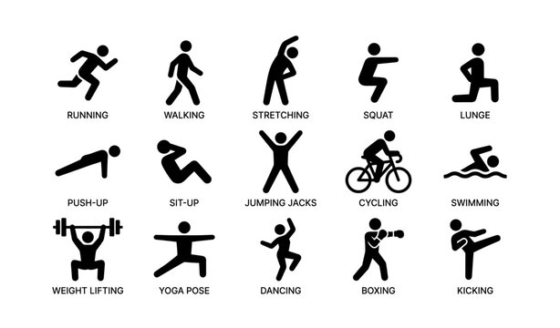 Set of black silhouette icons depicting various exercises and fitness activities