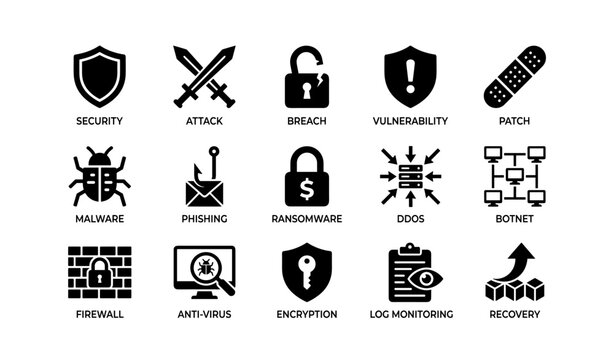 Cybersecurity icons including shield, lock, malware, firewall, encryption, ransomware, botnet