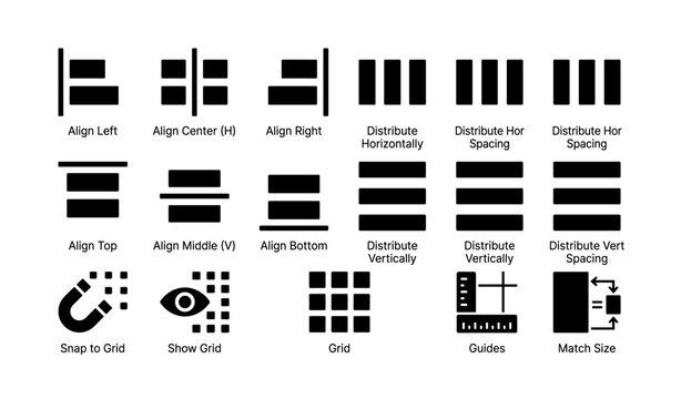 Graphic design alignment and distribution icon set for efficient workflow