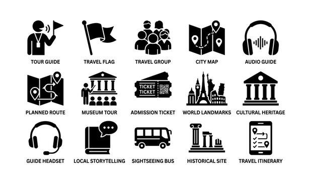 Tourism icons: guide, travel, map, museum, landmarks, heritage