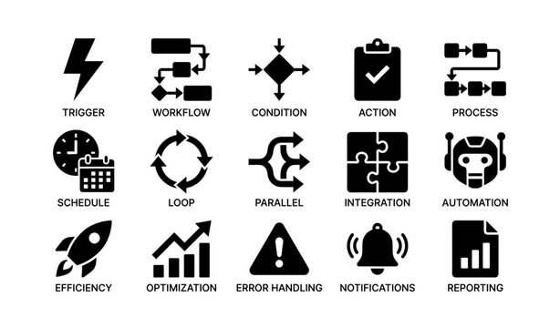 Workflow automation icons featuring integration, schedule, and efficiency symbols