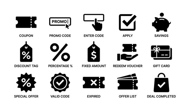 Icons of coupon codes and savings: promos, discounts, gift cards, special offers
