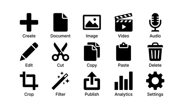 Set of 15 black icon symbols for media editing and management tools