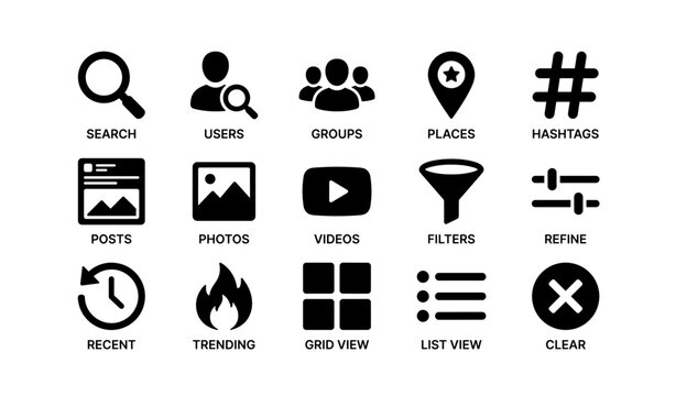 Social media icons: search users hashtags photos videos filters trends