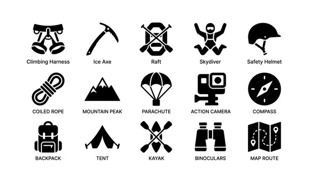 Adventure equipment icons for hiking and outdoor activities
