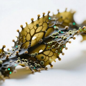 Close-up microscopic photograph of a giant sea kelp in studio on a white background .