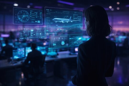Woman in futuristic control room with holographic screens displaying data and aircraft