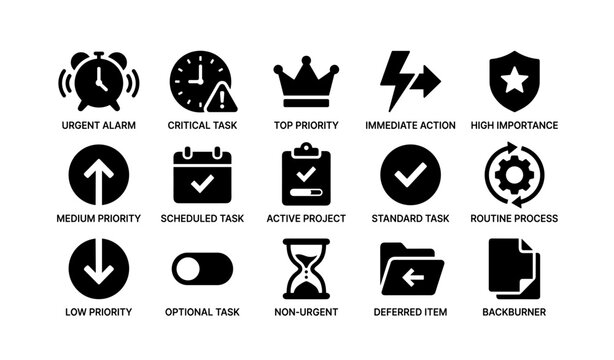 Essential task management icons: urgent, priority, action, routine, process