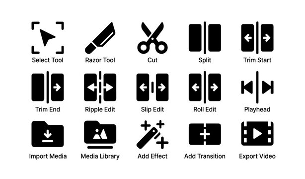 Video editing icons set: tools for cutting, trimming, importing, and exporting