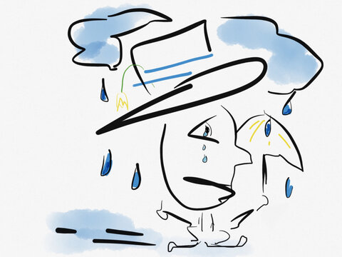 Un homme court sous la pluie avec un parapluie.