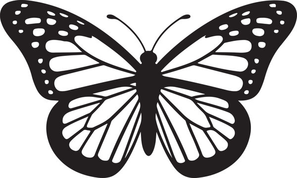 Detailed monarch butterfly silhouette vector with intricate wing pattern in clean minimal line art isolated on white background