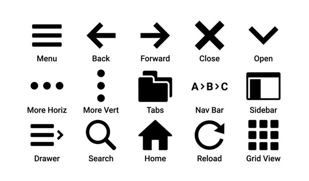 User interface icons collection: menu, arrows, search, home, reload