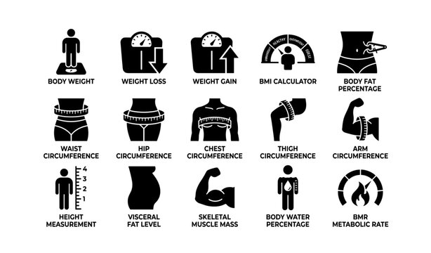 Body measurement and health icons: bmi, weight, circumference, fat levels, muscle mass