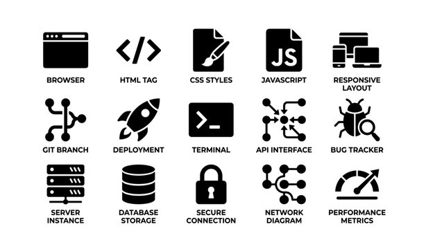 Web development icons: browser html css javascript api secure connection
