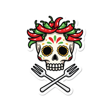 Sugar skull with peppers and crossed forks illustration.