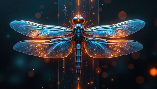 Intricate cybernetic dragonfly with glowing orange accents hovers against dark, abstract digital background with circuit board patterns. Futuristic insect art innovation, nature fusion. Technology