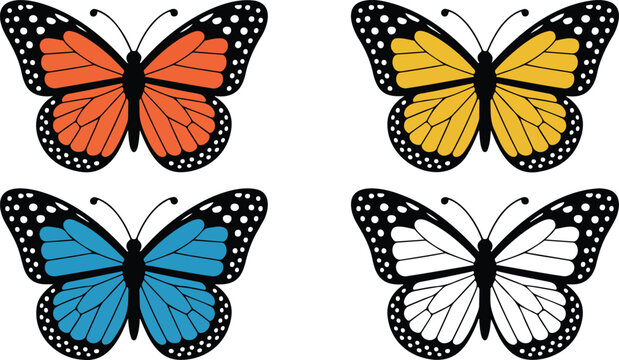 Set of four stylized butterfly vectors including monarch and swallowtail designs in clean minimal line art composition
