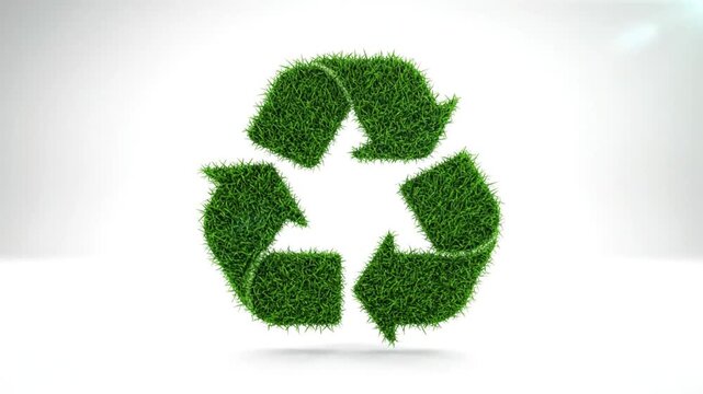 Bright grass recycled symbol floating on a white surface, eco-friendly environment concept.