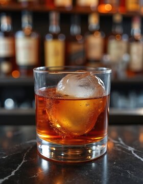 Amber cocktail with big ice cube rests on dark bar counter. Shelves with whiskey bottles fill blurred background. Refreshing drink in glass prepared for client.