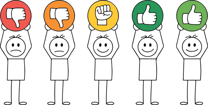 Stick figures rating system with buttons from bad to excellent red to green minimal clean line art vector illustration feedback scale isolated on white