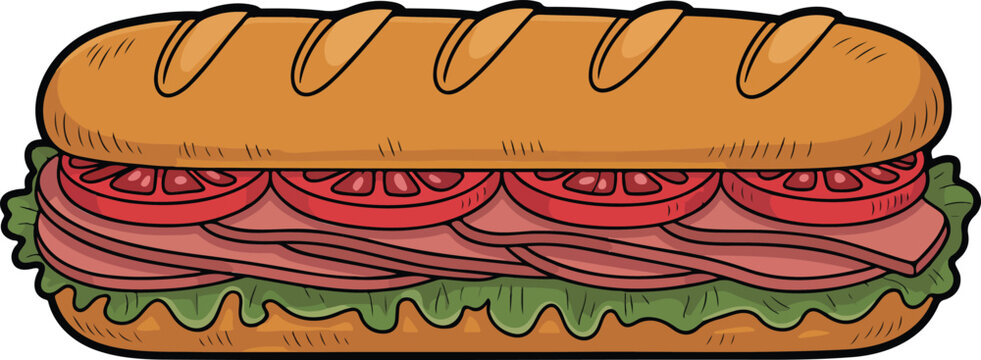 Cartoon submarine sandwich with lettuce tomato and deli meat minimal flat vector illustration fast food sub roll isolated on white background