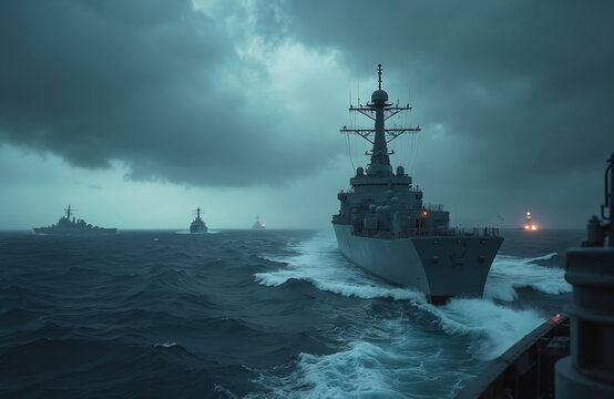 Destroyer ship sails on dark ocean waves. Naval fleet moves through stormy weather, rough sea, with fog on horizon. Military vessels on maritime patrol at sea.