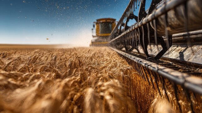 Combine harvester harvesting wheat in golden field