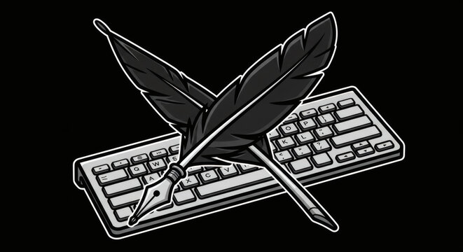 Quill Pen and Fountain Pen on Computer Keyboard Illustration