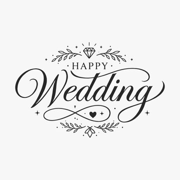 Vibrant hand-drawn  Happy Wedding lettering with decorative elements. Perfect for wedding invitations, cards, or celebration branding.