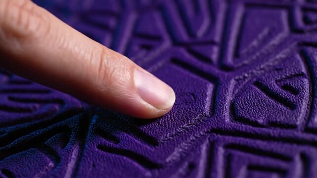 Finger pressing purple textured surface revealing details of a rhythmic pattern on the material