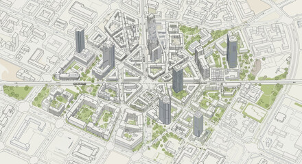 Obraz premium Detailed isometric architectural rendering of a modern urban development plan with skyscrapers, streets, and green spaces.