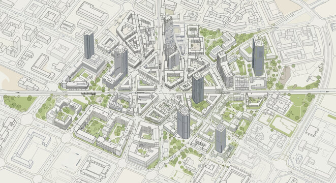 Detailed isometric architectural rendering of a modern urban development plan with skyscrapers, streets, and green spaces.
