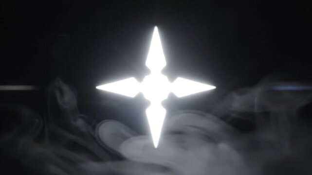 Mysterious glowing star or compass in grayscale surrounded by wispy vapor in a dark environment