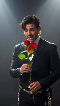 Charismatic man in traditional charro suit holding a red rose with emotion