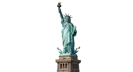 Iconic statue of liberty holding torch atop pedestal isolated on transparent background