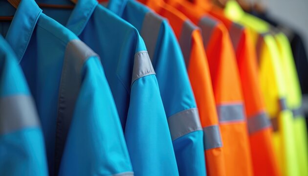 Row of bright safety jackets hang on rack. High visibility work clothes in blue, orange, yellow colors. Protective garments for construction, road work, and industry.