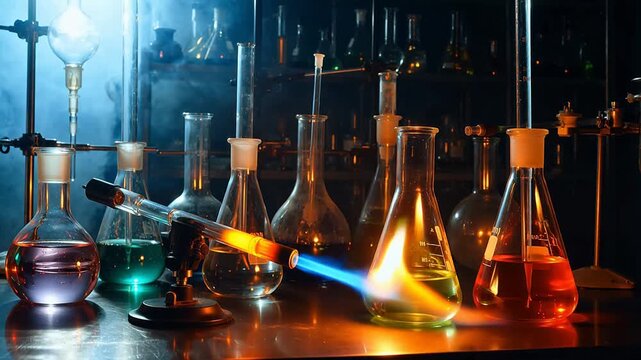 Scientific experiment with flasks and flame in a dark laboratory setting