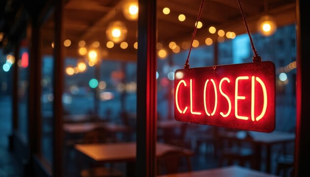 Red neon sign shows CLOSED in empty restaurant window at night. Inside tables and lamps are visible with city lights bokeh blurred outside. Business out of service. Empty eatery.