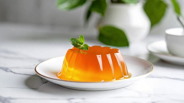 Refreshing Orange Gelatin Dessert with Mint Garnish on Marble Surface