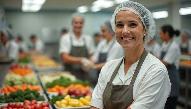 Woman works in school cafeteria serving fresh vegetables and fruit. Kitchen staff prepares healthy meal for students. Food service workers ensure nutrition program success in educational institution.