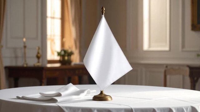 Blank white flag on elegant table setting in formal room