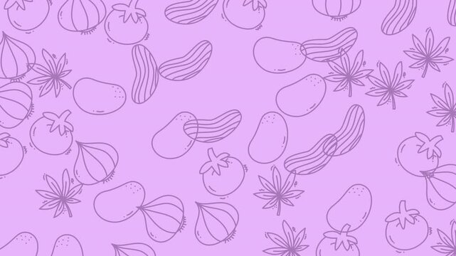 Background with tomatoes, onions, cucumbers, potatoes, and cannabis leaves illustrations. Perfect for food, agriculture, and natural products designs.