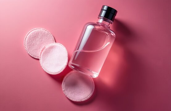 Clear bottle of liquid cosmetic and pink makeup remover pads. Products arranged on a vibrant magenta background. Simple flat lay for beauty and skincare.