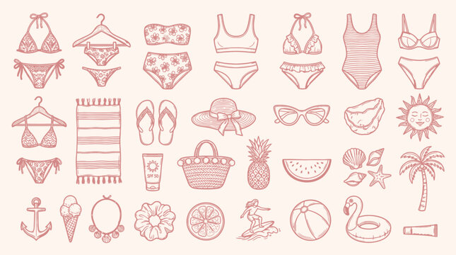 A charming hand-drawn illustration featuring a collection of summer beach and vacation essentials, including swimwear, accessories, and tropical motifs.
