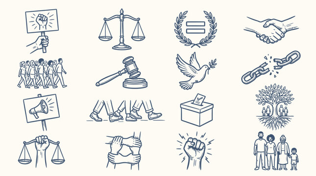 A collection of hand-drawn icons representing social justice, equality, and human rights, including protest signs, scales of justice, and diverse groups of people.